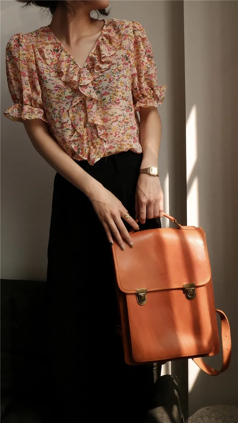 Retro Leather Women British College Large Capacity Cowhide School 13 inch Computer Backpacks
