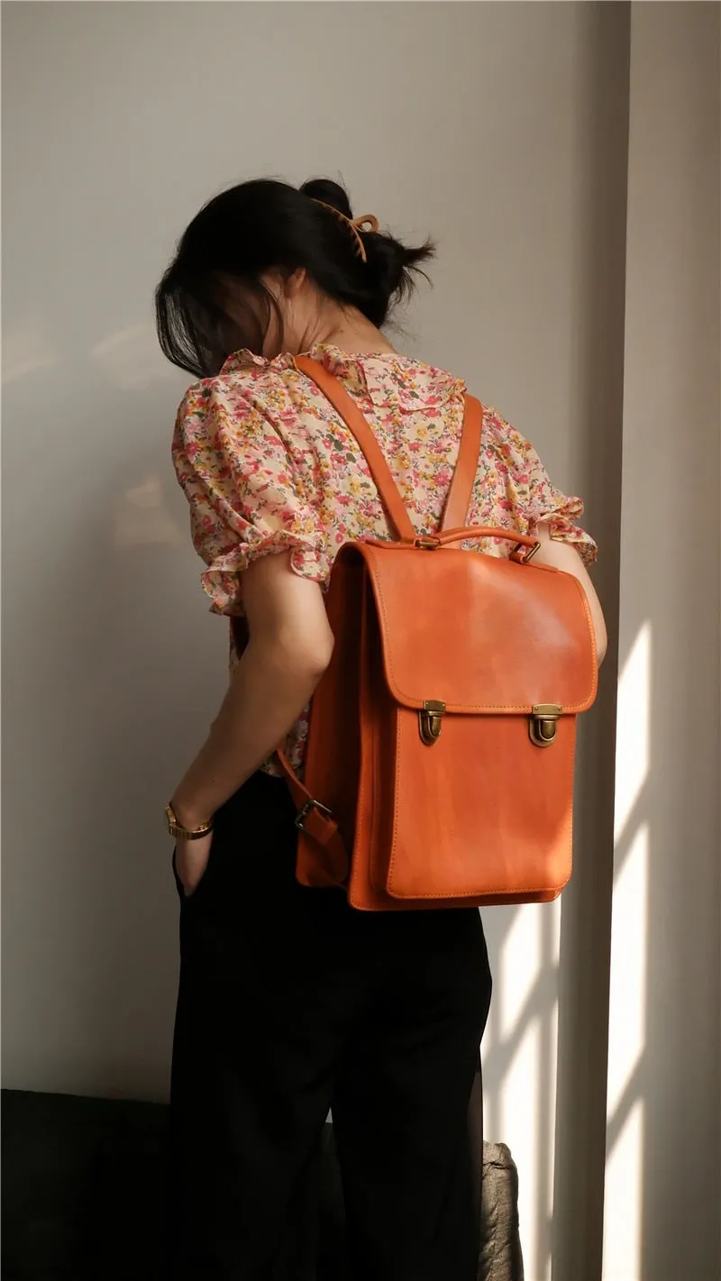 Retro Leather Women British College Large Capacity Cowhide School 13 inch Computer Backpacks