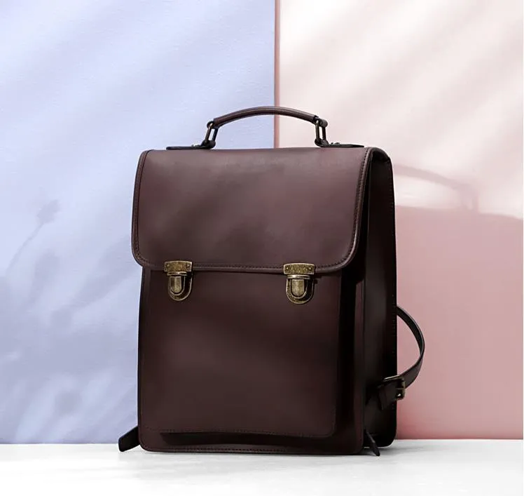 Retro Leather Women British College Large Capacity Cowhide School 13 inch Computer Backpacks
