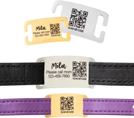 Scannable QR Code Pet ID  Silent Slide-On Custom Name Plate for Collars and Harnesses, Personalized Lost & Found Info