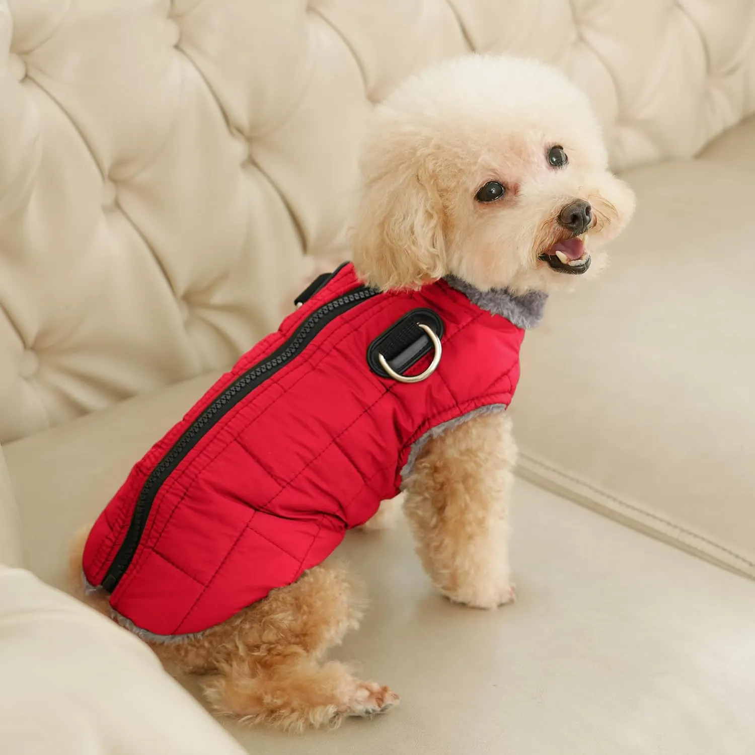 Warm Fleece Dog Coats with Durable Harness Buitl in D-Ring,Waterproof Doggie Jacket for Medium Dogs,Dog Vest for Cold Winter,Red XL