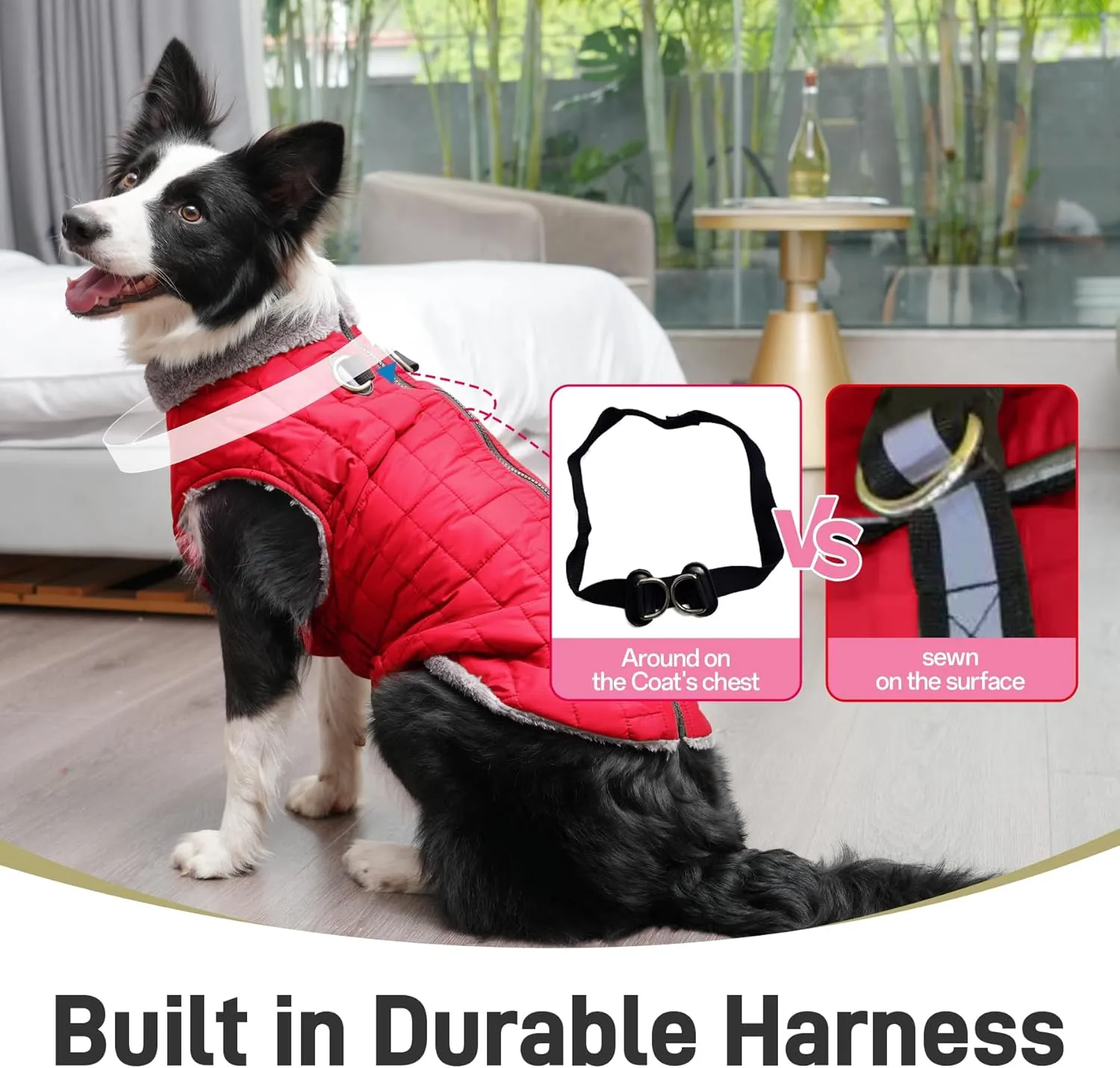 Warm Fleece Dog Coats with Durable Harness Buitl in D-Ring,Waterproof Doggie Jacket for Medium Dogs,Dog Vest for Cold Winter,Red XL