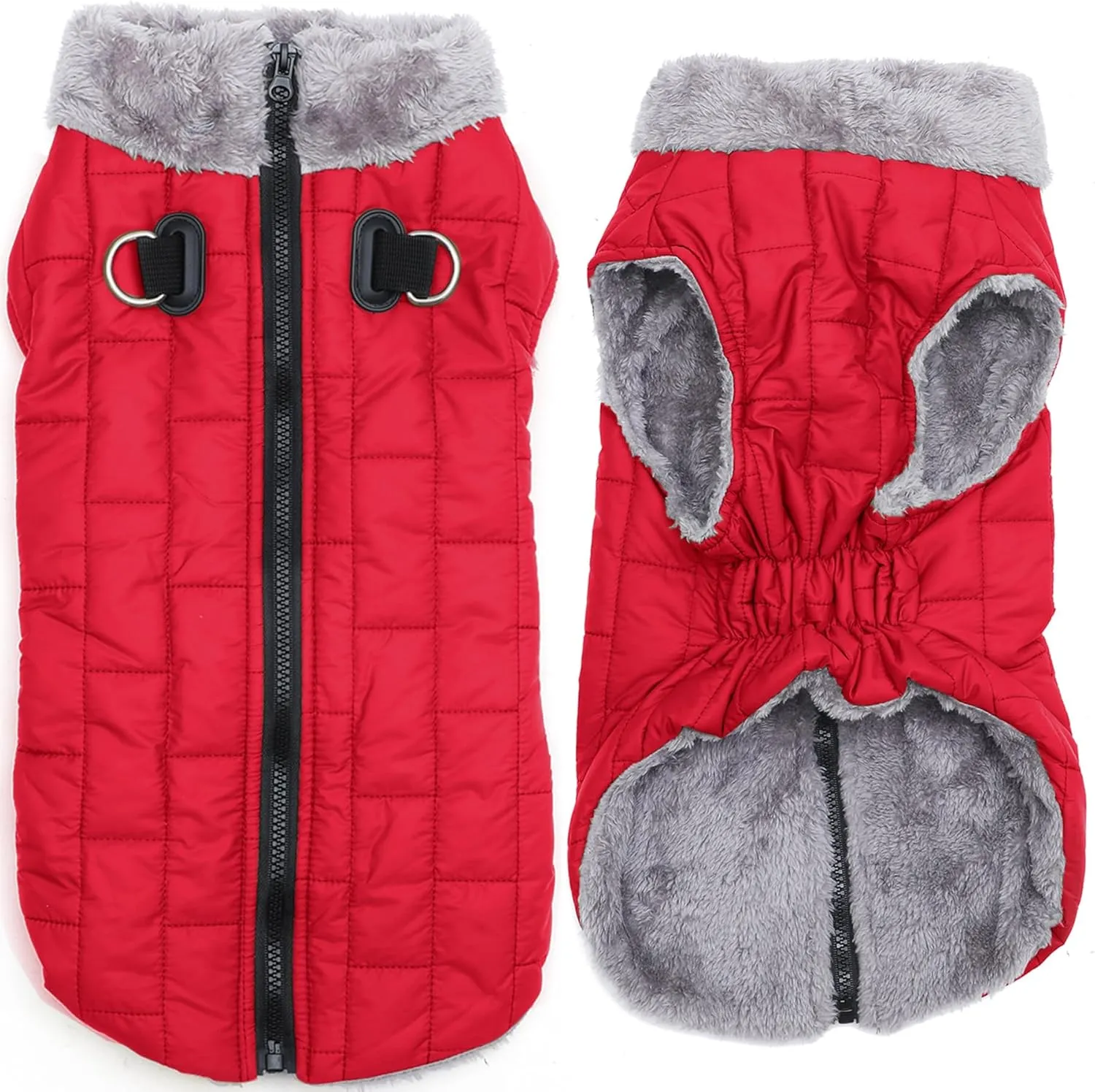 Warm Fleece Dog Coats with Durable Harness Buitl in D-Ring,Waterproof Doggie Jacket for Medium Dogs,Dog Vest for Cold Winter,Red XL