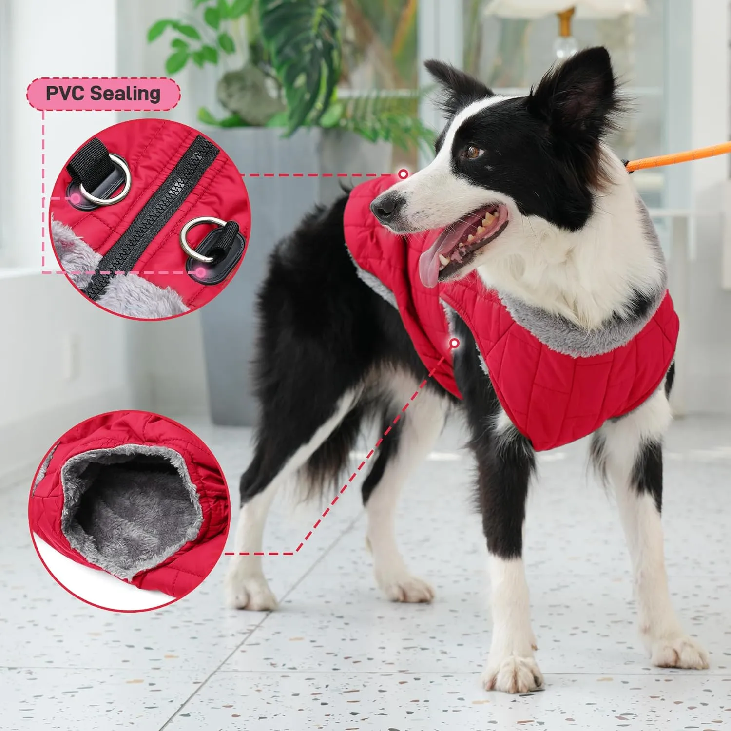 Warm Fleece Dog Coats with Durable Harness Buitl in D-Ring,Waterproof Doggie Jacket for Medium Dogs,Dog Vest for Cold Winter,Red XL