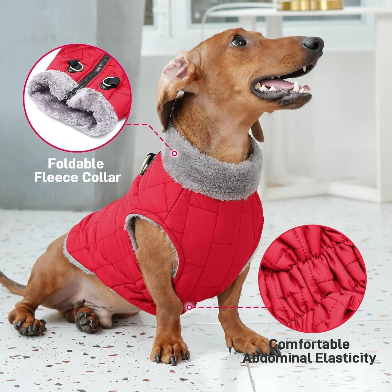 Warm Fleece Dog Coats with Durable Harness Buitl in D-Ring,Waterproof Doggie Jacket for Medium Dogs,Dog Vest for Cold Winter,Red XL