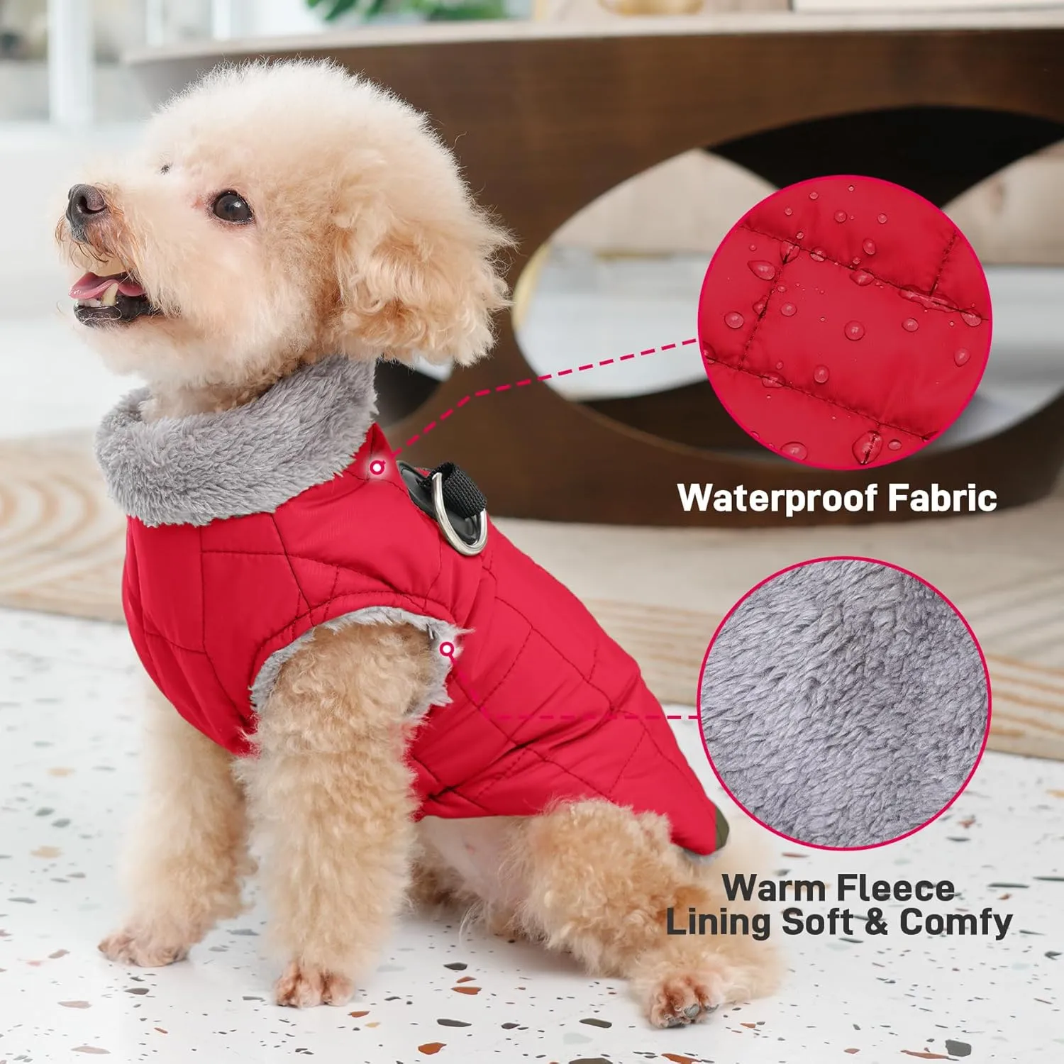 Warm Fleece Dog Coats with Durable Harness Buitl in D-Ring,Waterproof Doggie Jacket for Medium Dogs,Dog Vest for Cold Winter,Red XL