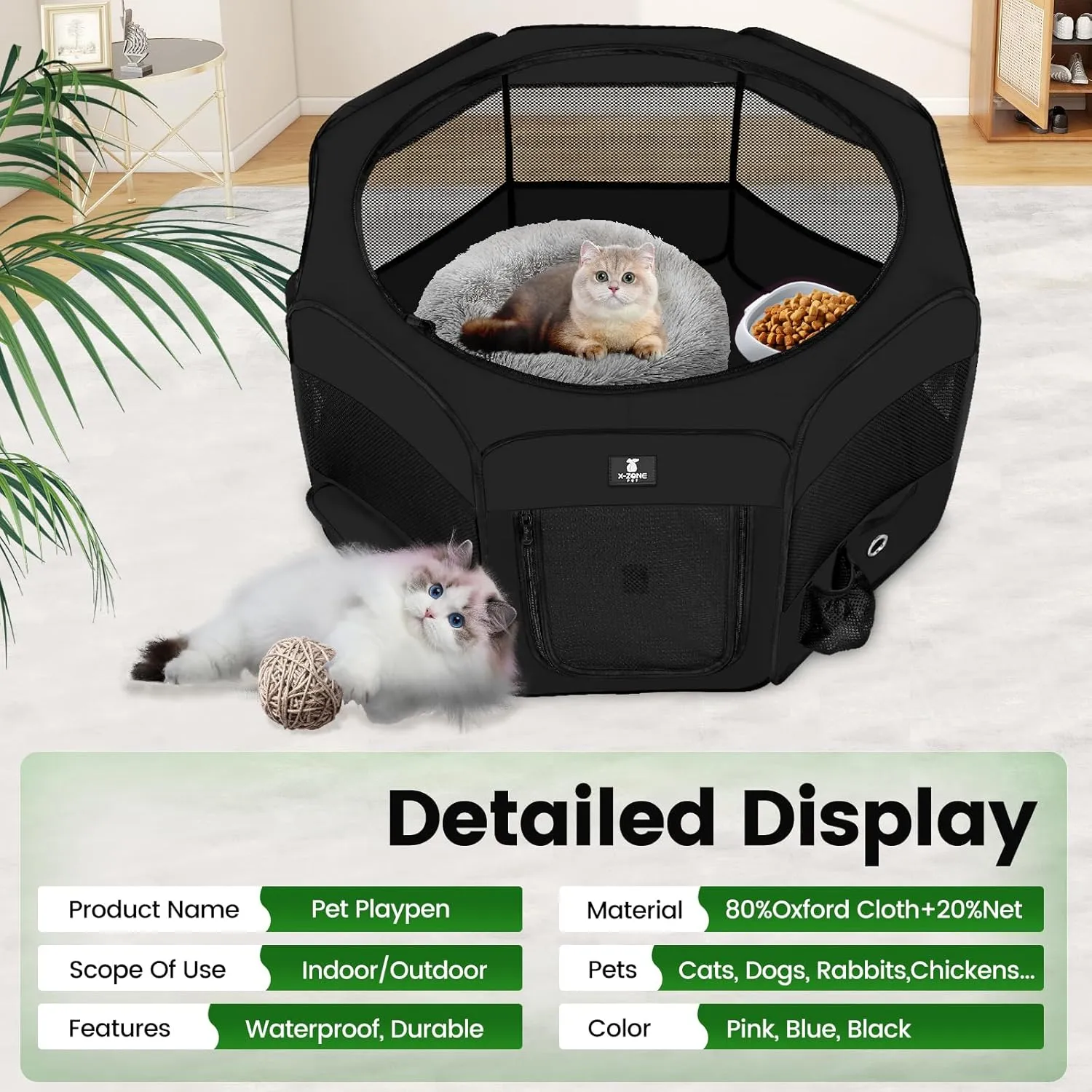 X-ZONE PET Dog Playpen Portable Pet Play Pens for Puppies, Cat, Rabbit, Chicks, Foldable Exercise Play Tent Kennel Crate, Indoor/Outdoor Travel Camping Black X-Large